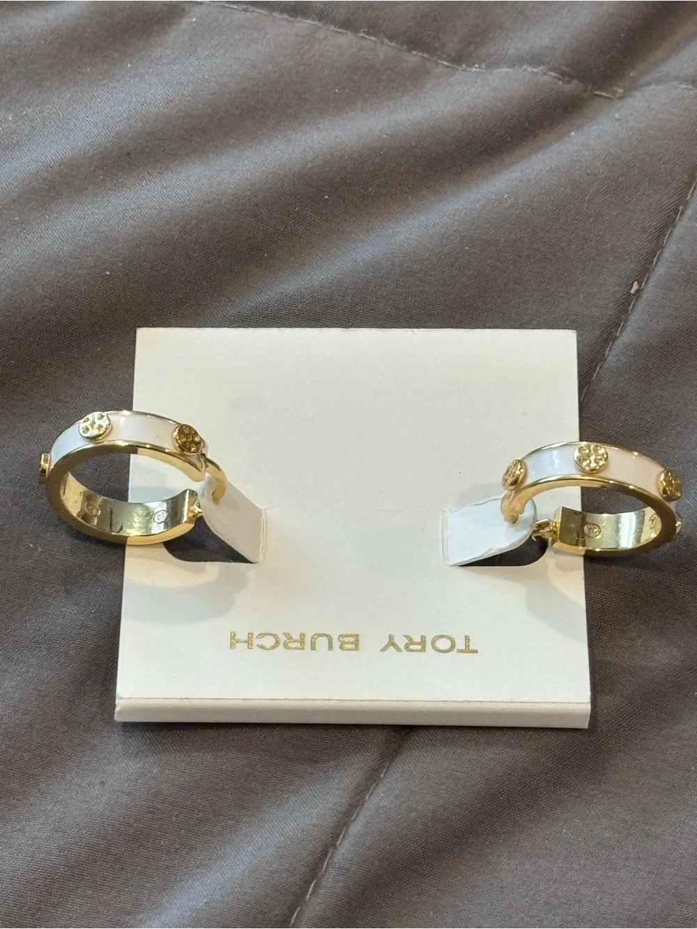 Tory Burch Gold and White Enamel Logo Accent Hoop Earrings